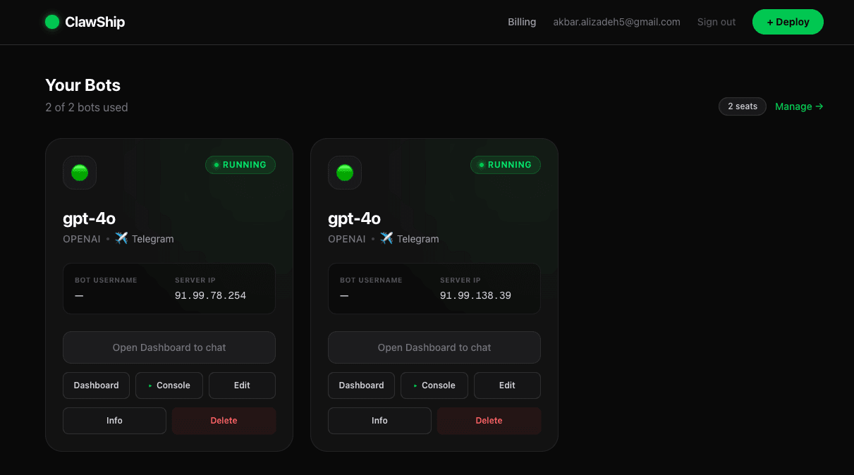ClawShip AI deployment platform dashboard showing the modern interface with one-click bot deployment, real-time monitoring, and multi-model AI support for Telegram and Discord